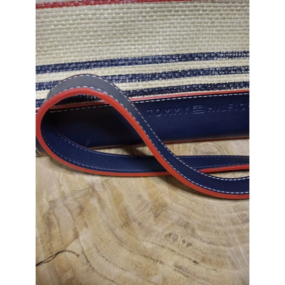 Tommy Hilfiger Woven Straw Handbag Crossbody Purse Navy Red Bamboo Handles
